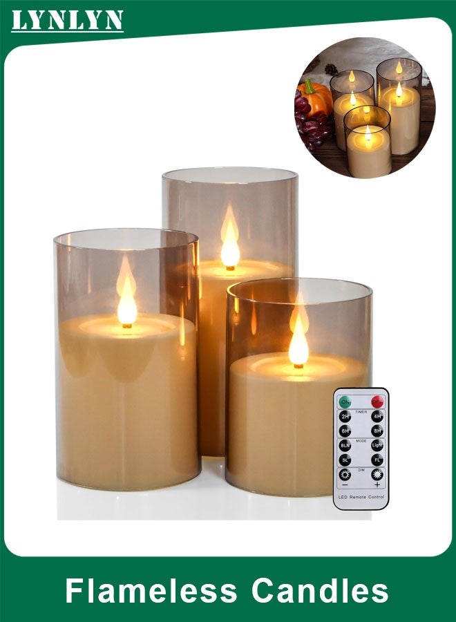 LYNLYN 3PCS Flameless LED Pillar Candles with Remote and Timer, Flickering Battery Operated Candles with Teardrop Wick and Melting Wax Design, Safe Acrylic/Glass Look Candles for Home and Holiday Decor - Image 1